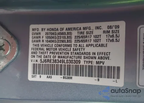 2009 Honda Cr-V Lx from USA, damaged, VIN 5J6RE38349L030309
